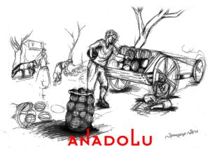 Karakalem İmgesel Meyve Taşıyan Adam Çizimi Gaziantep